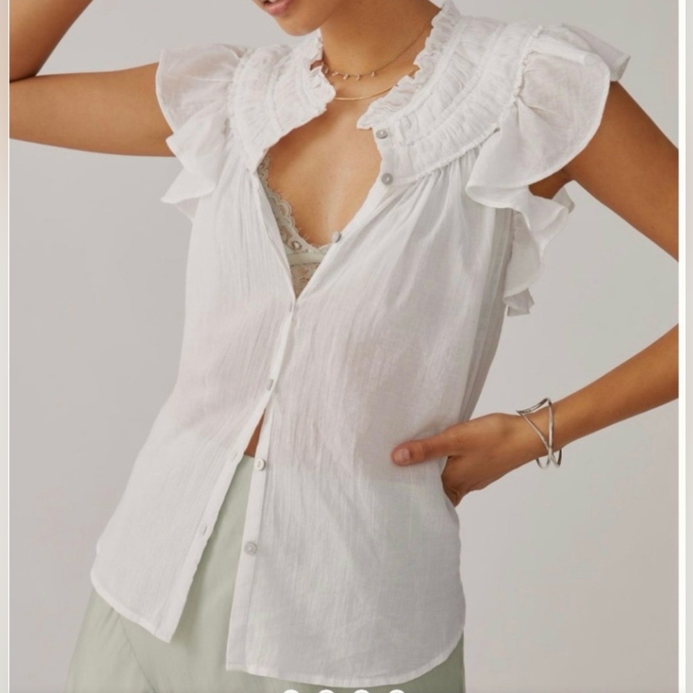ANTHROPOLOGIE CABALLERO White Ruffle Cap-Sleeve Blouse